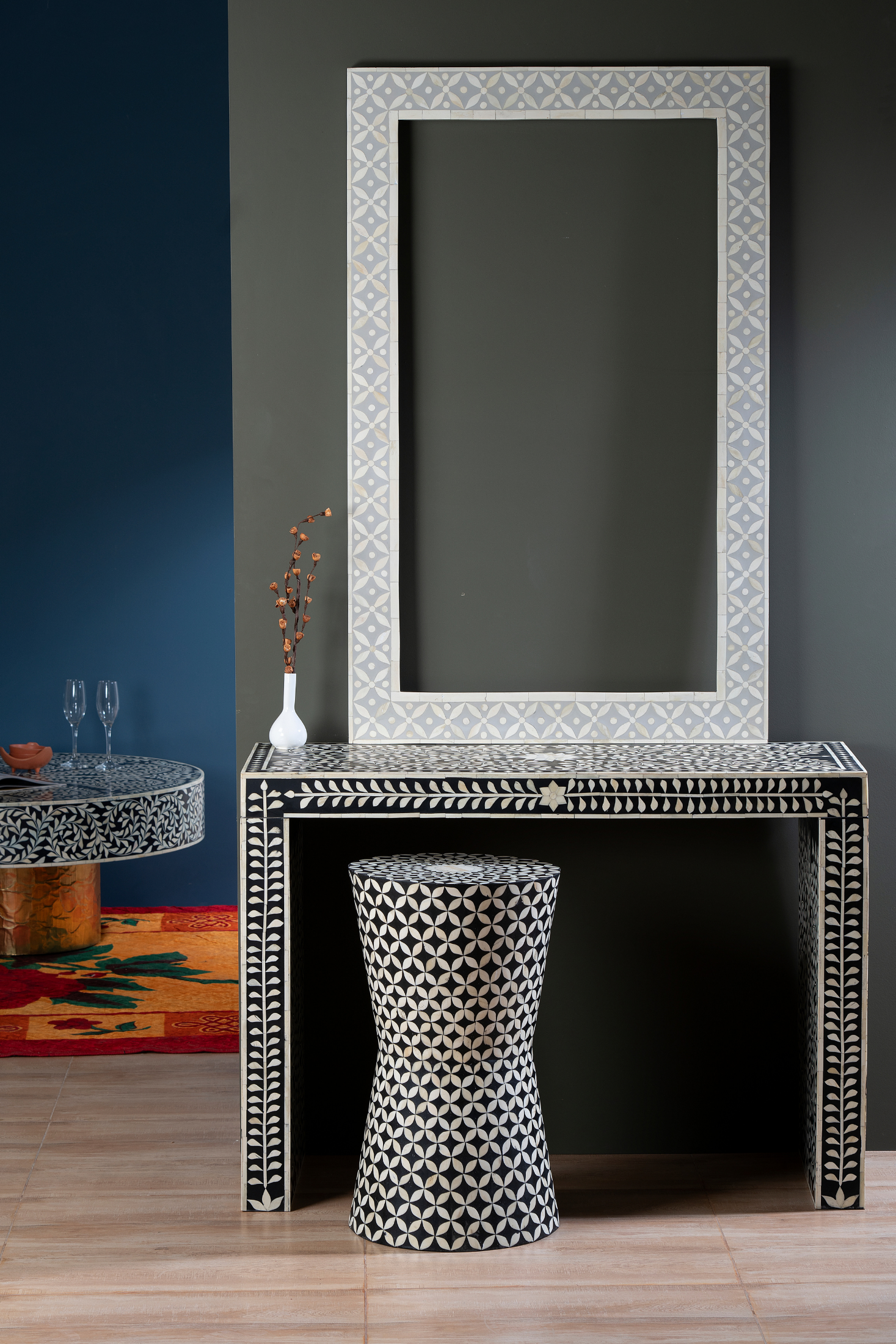 Ivory Lattice Pearl Inlay Wall Mirror