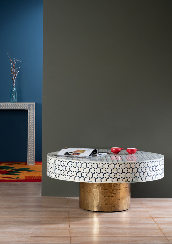Monochrome Mosaic Inlay Round Coffee Table