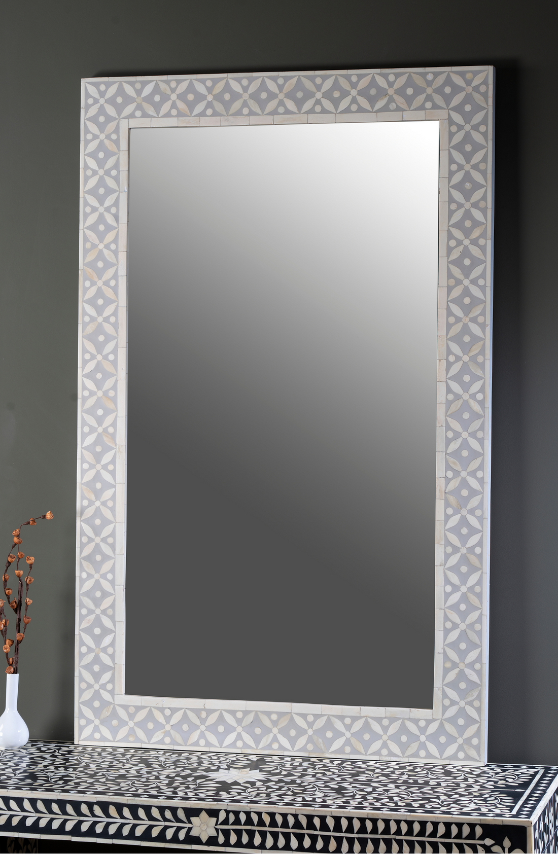 Ivory Lattice Pearl Inlay Wall Mirror