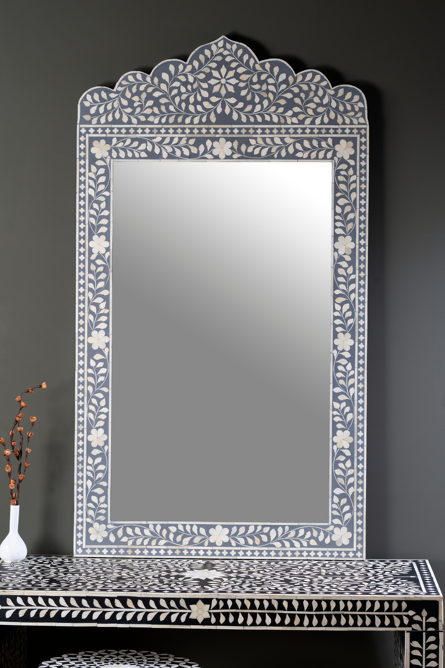 Floral Crest Pearl Inlay Wall Mirror