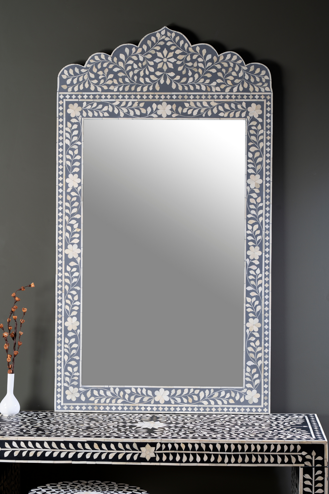 Floral Crest Pearl Inlay Wall Mirror
