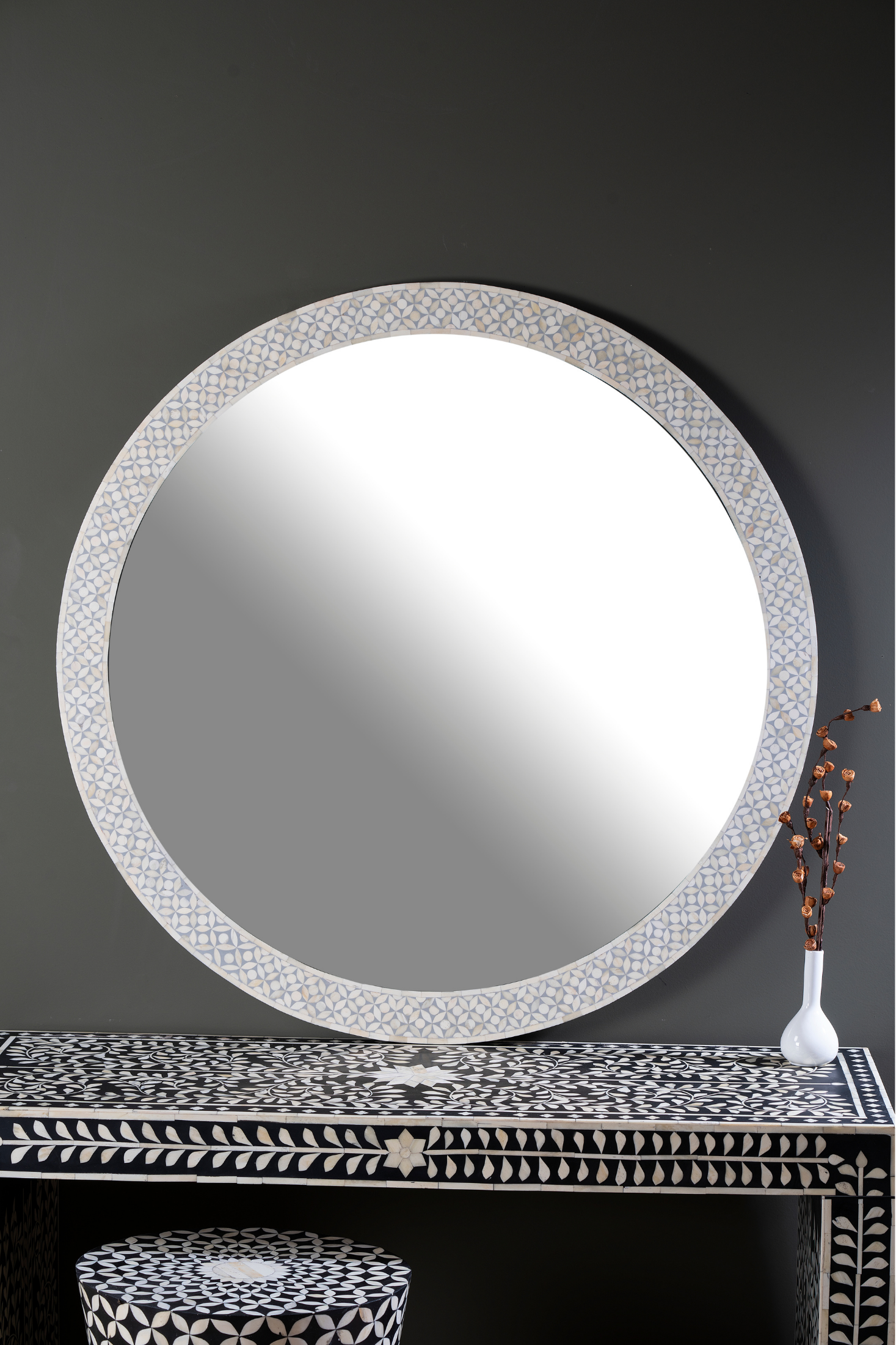 Ivory Geo Inlay Round Wall Mirror