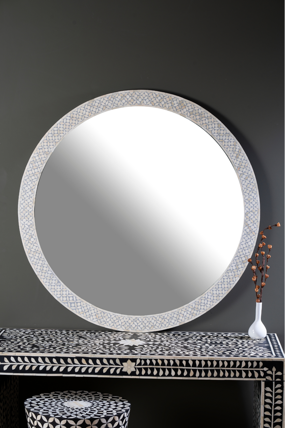 Ivory Geo Inlay Round Wall Mirror