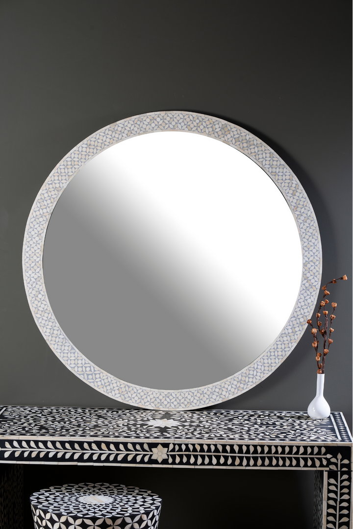 Ivory Geo Inlay Round Wall Mirror