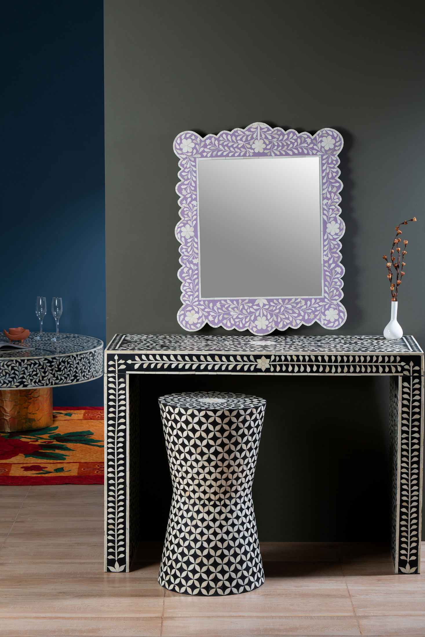 Lavender Bloom Carved Inlay Wall Mirror