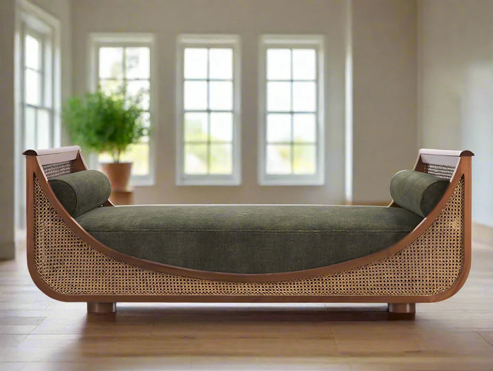 Luxury Handcrafted Teak Wood Cane Sofa with Olive Green Upholstery