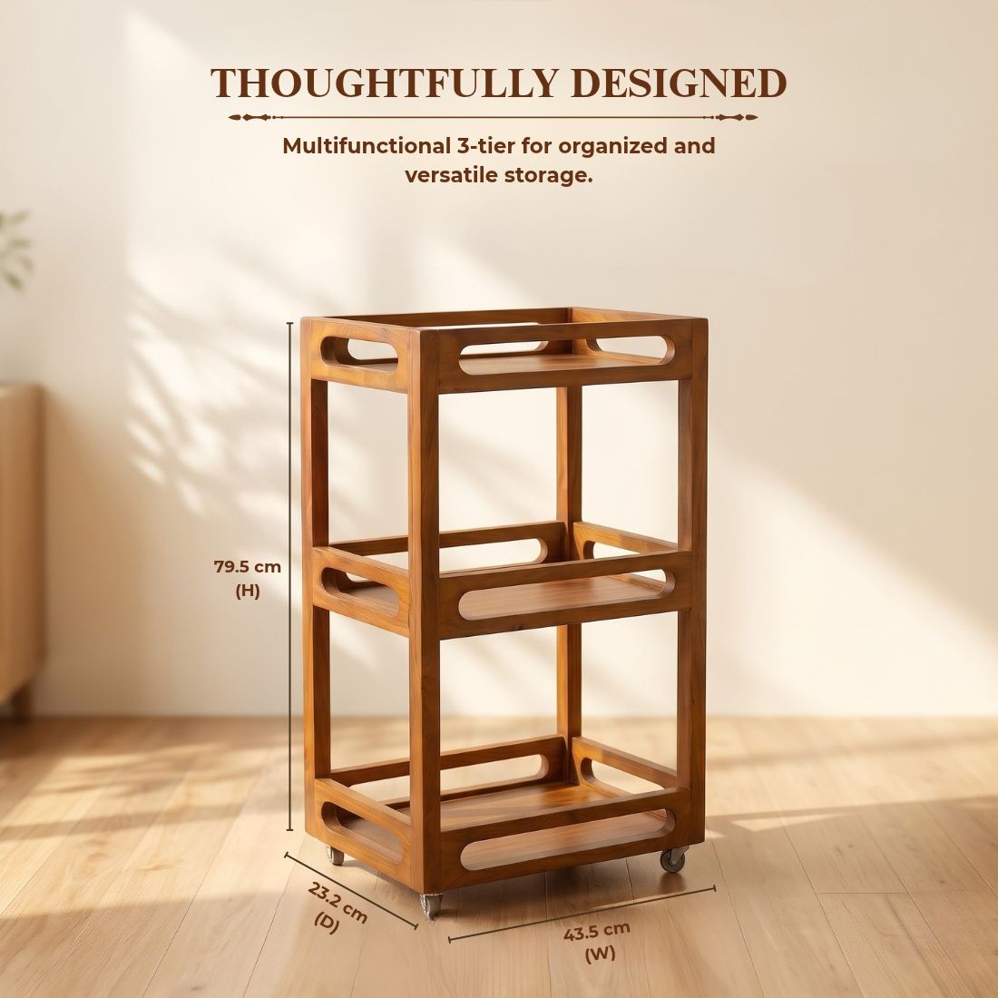 Walnut Luxe Solid Wood 3-Tier Storage & Serving Trolley