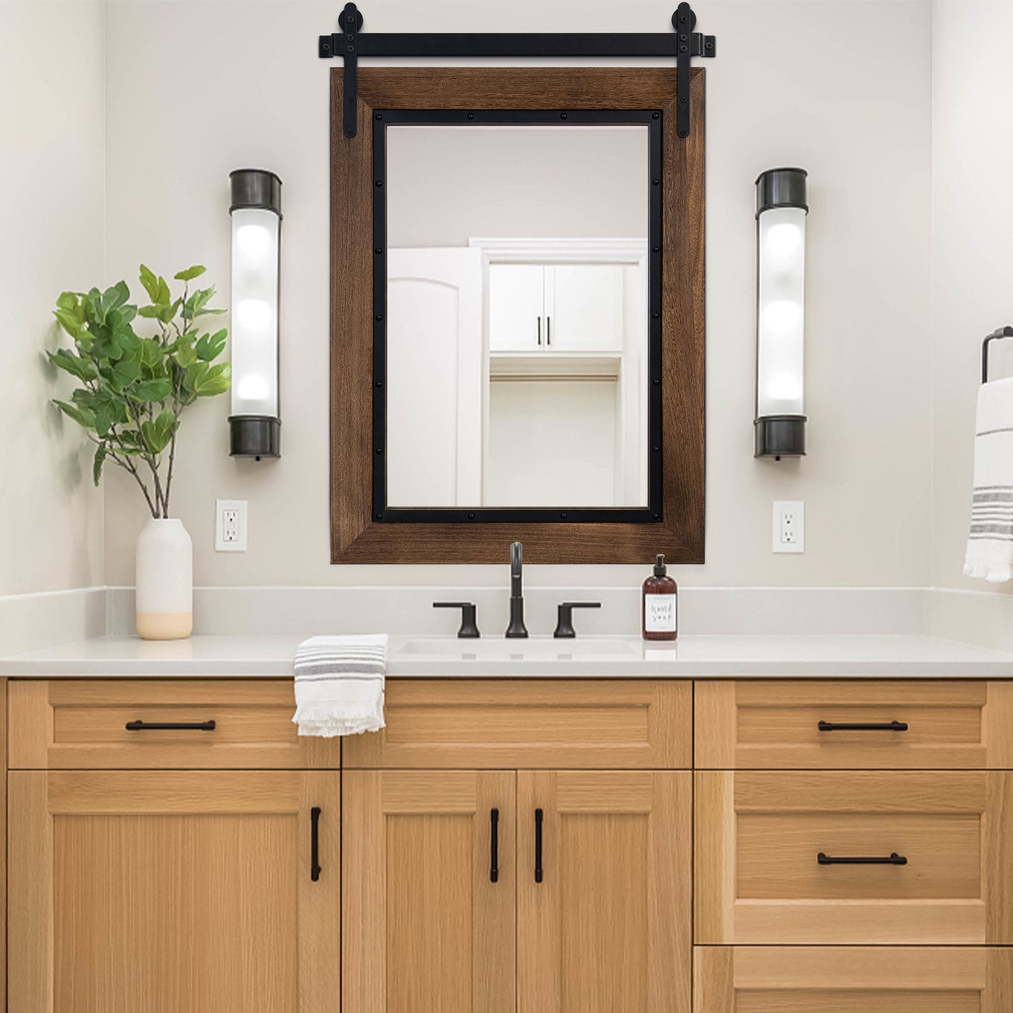 Black Brown Wooden Bathroom Mirror