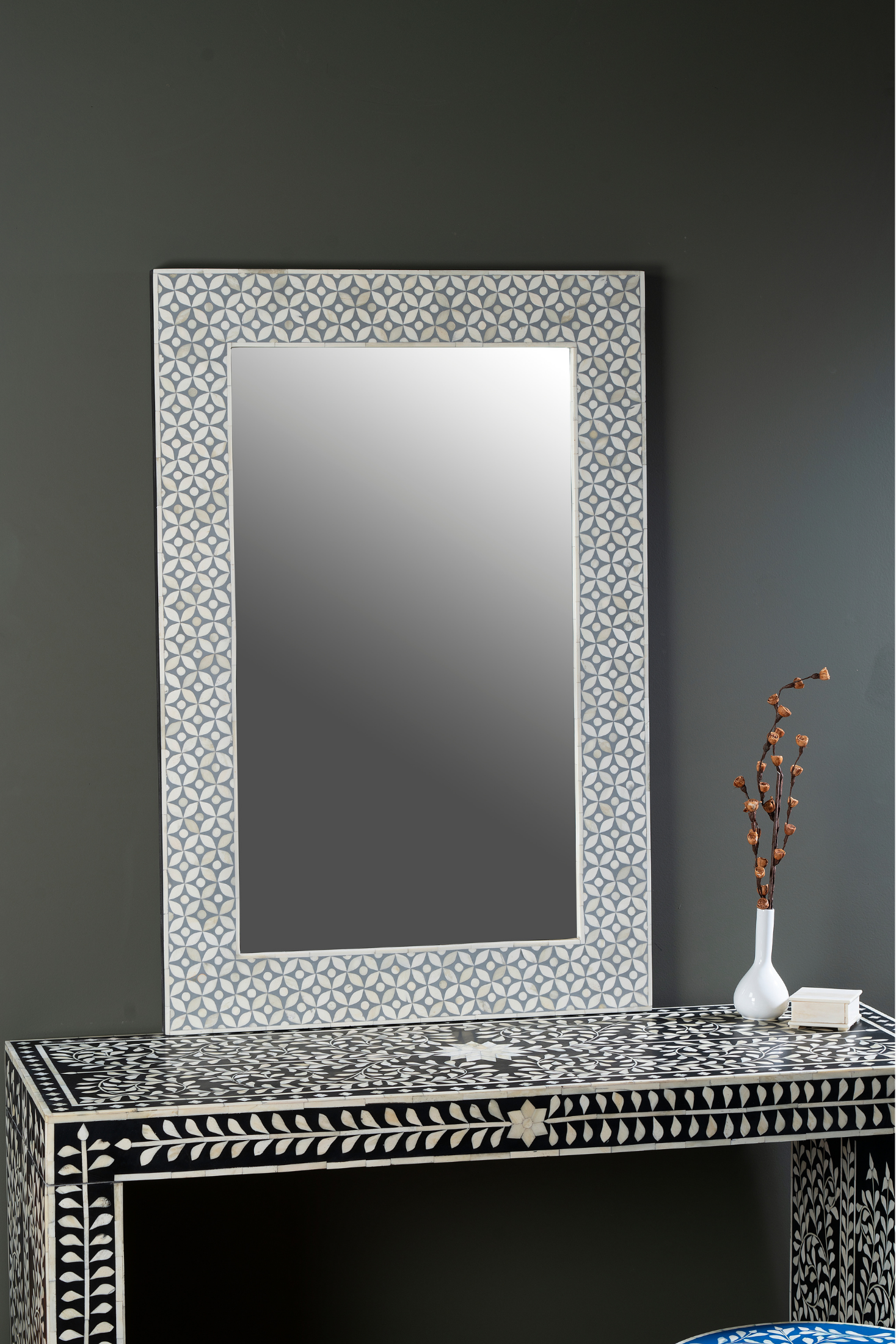 Grey Geo Inlay Rectangular Wall Mirror