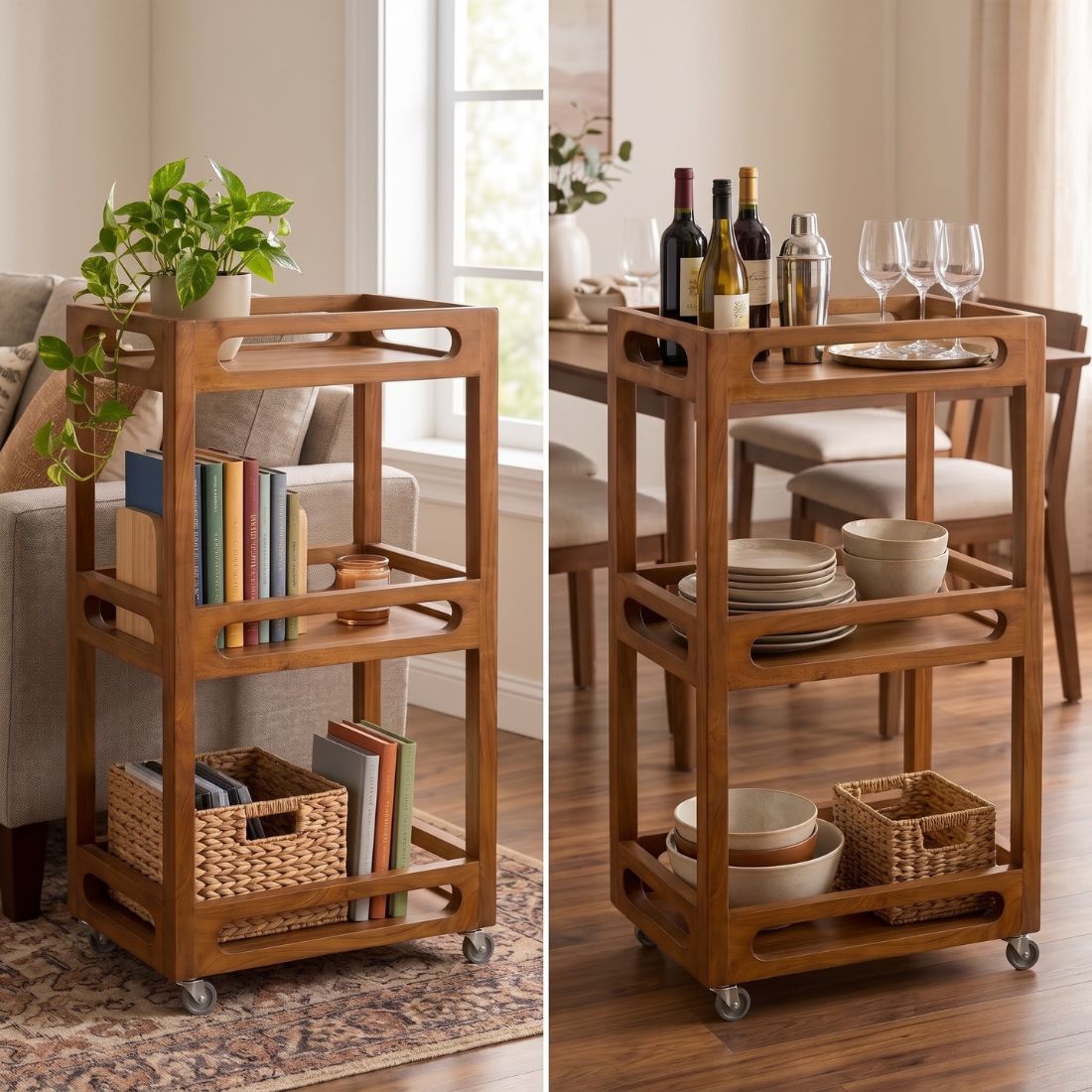 Walnut Luxe Solid Wood 3-Tier Storage & Serving Trolley