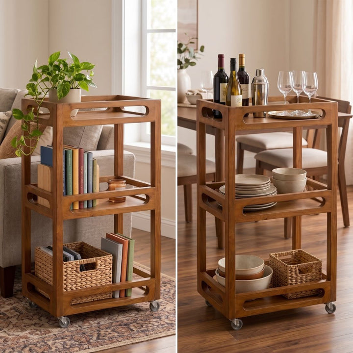Walnut Luxe Solid Wood 3-Tier Storage & Serving Trolley