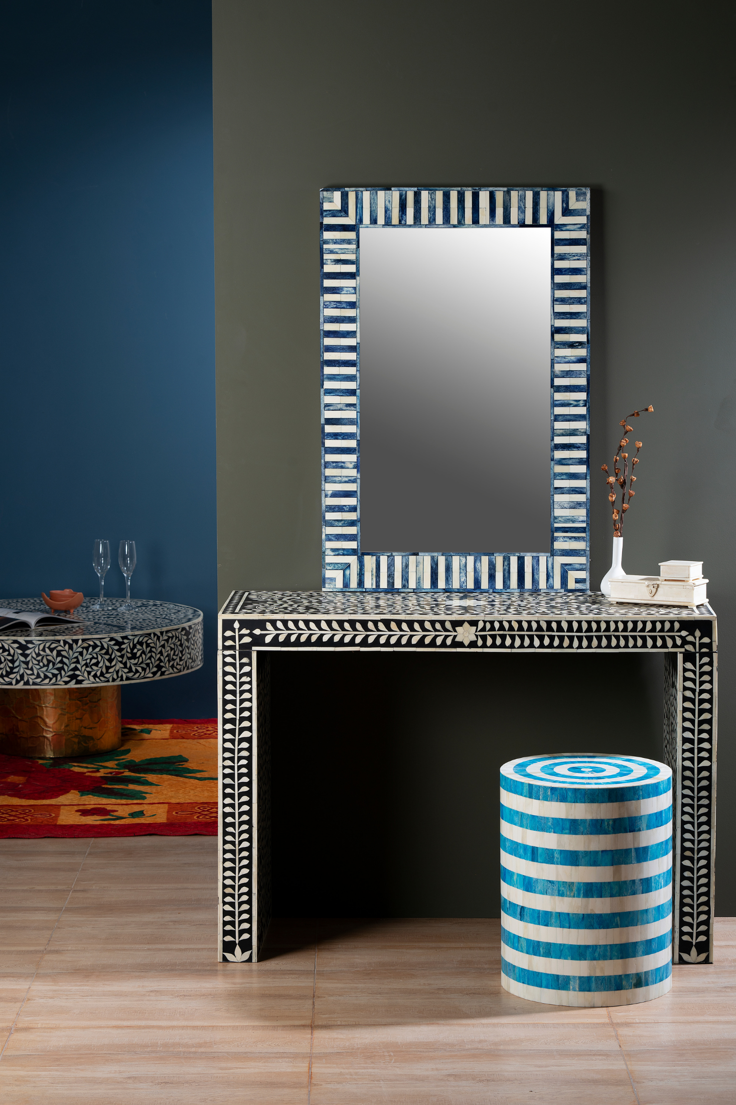 Indigo Stripe Inlay Rectangular Wall Mirror