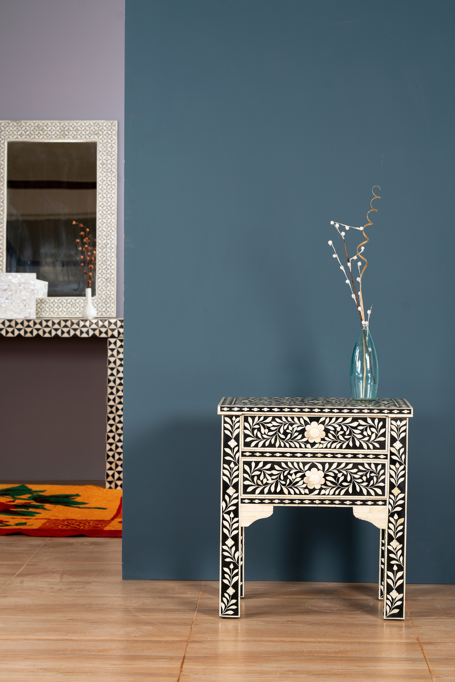 Noir Bloom Inlay Bedside Table