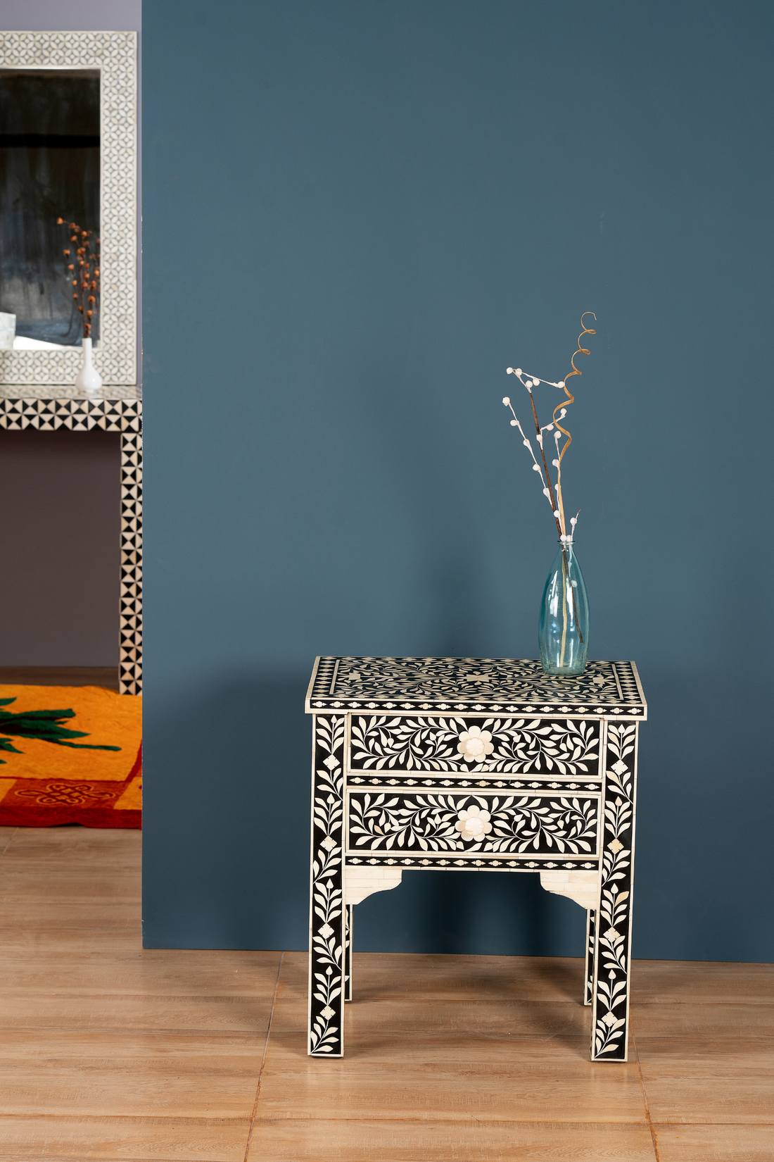 Noir Bloom Inlay Bedside Table