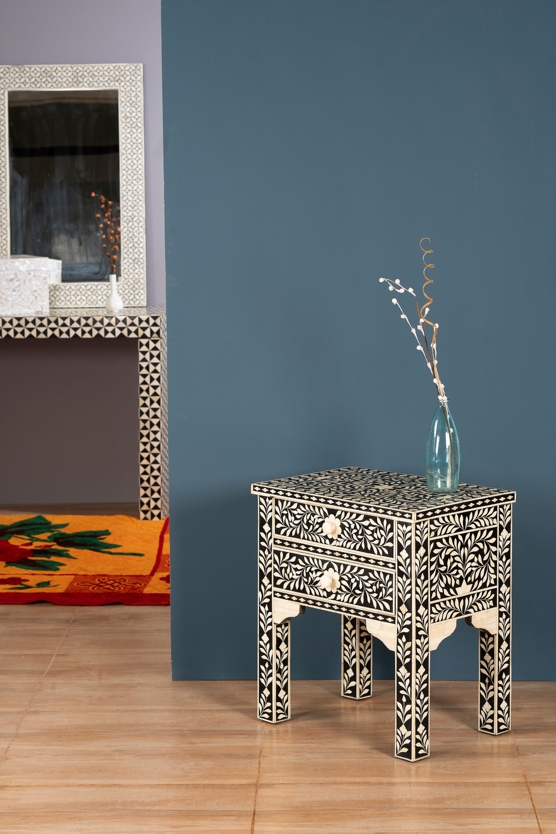 Noir Bloom Inlay Bedside Table