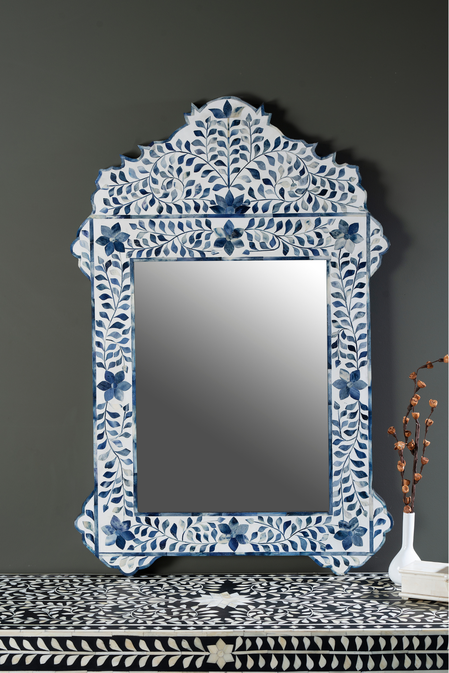 Indigo Floral Arch Inlay Wall Mirror