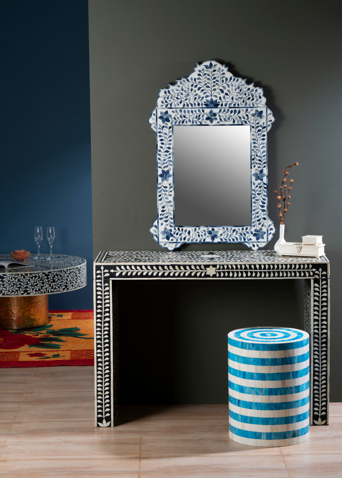 Indigo Floral Arch Inlay Wall Mirror