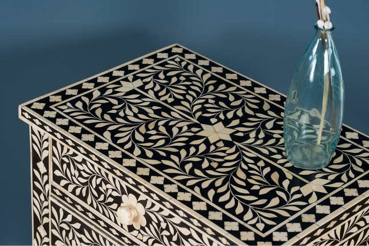 Noir Bloom Inlay Bedside Table