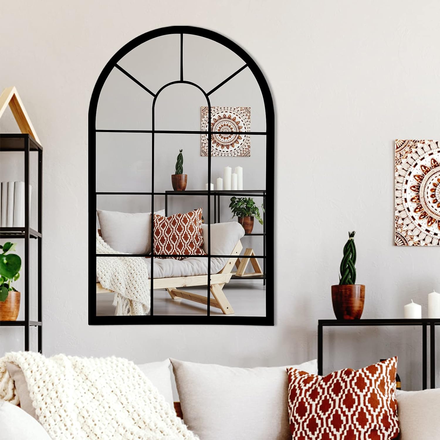 Black Arched Window Mirror, Farmhouse Decorative Wall Mirrors