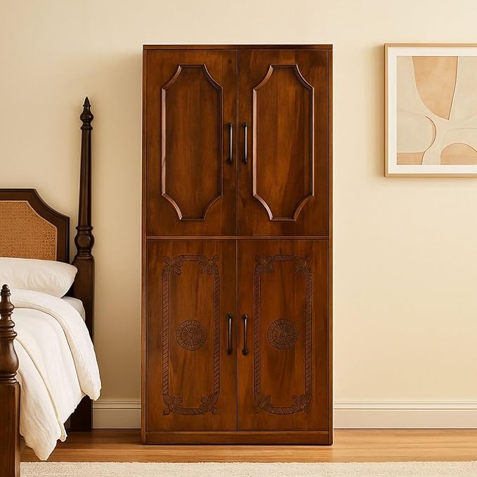 Handcrafted Solid Mango Wood Carving Wardrobe