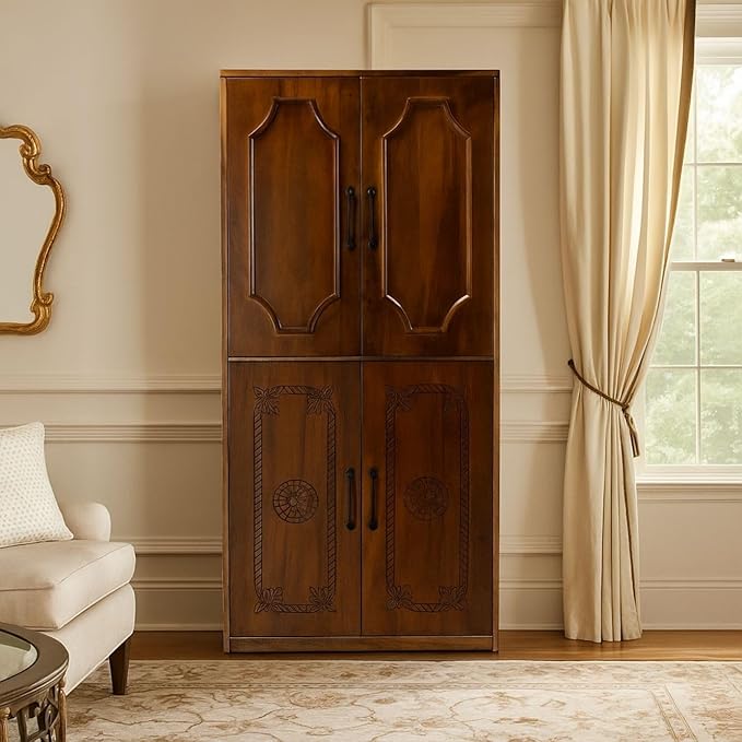 Handcrafted Solid Mango Wood Carving Wardrobe