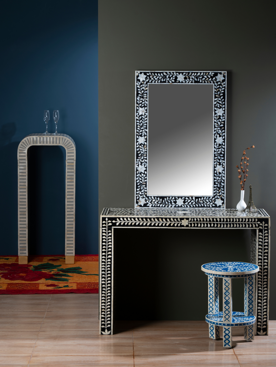 Noir Blossom Inlay Wall Mirror