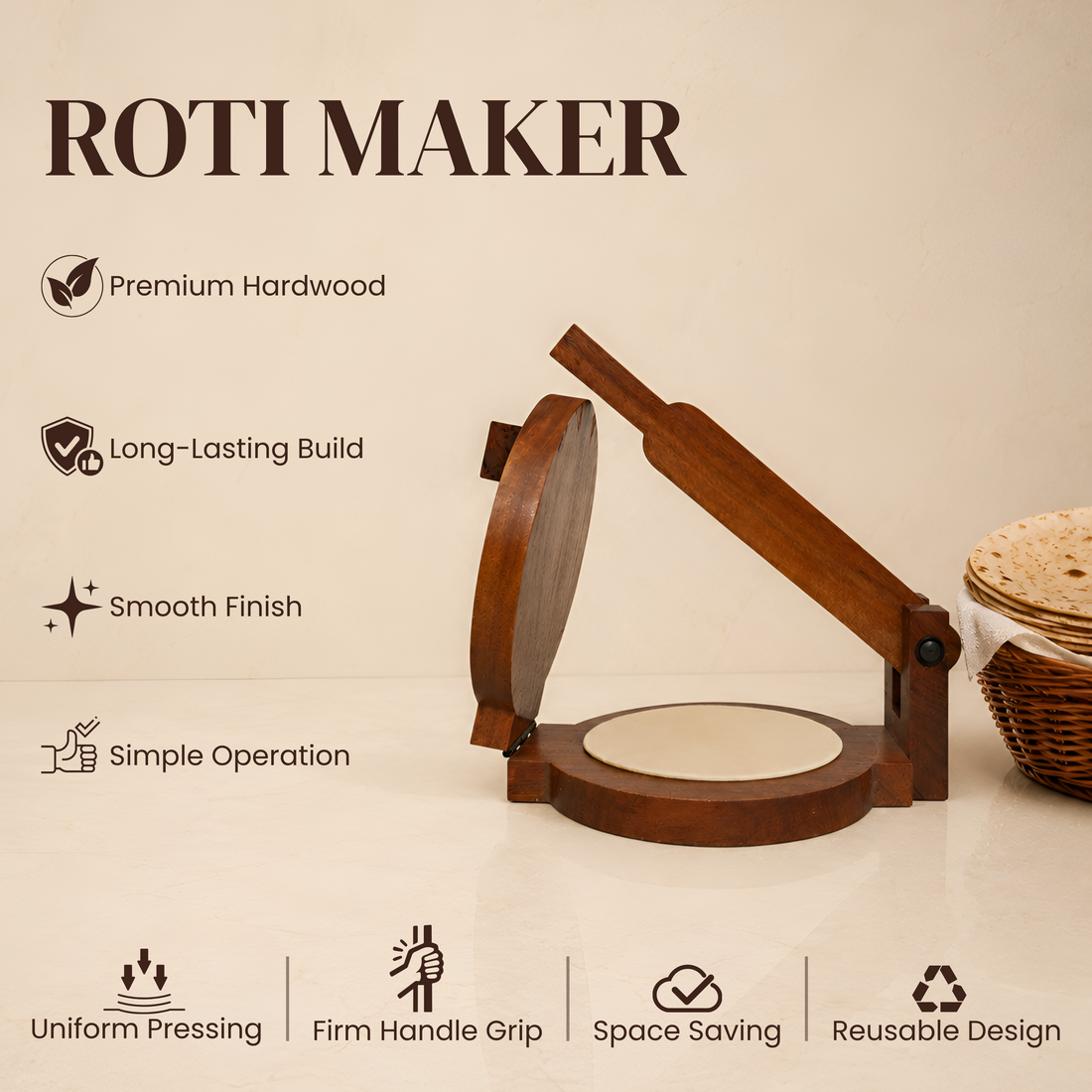Handcrafted Wooden Roti Press