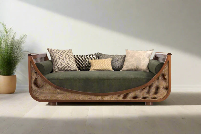 Luxury Handcrafted Teak Wood Cane Sofa with Olive Green Upholstery