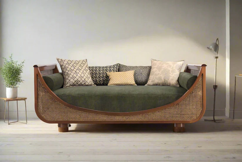 Luxury Handcrafted Teak Wood Cane Sofa with Olive Green Upholstery
