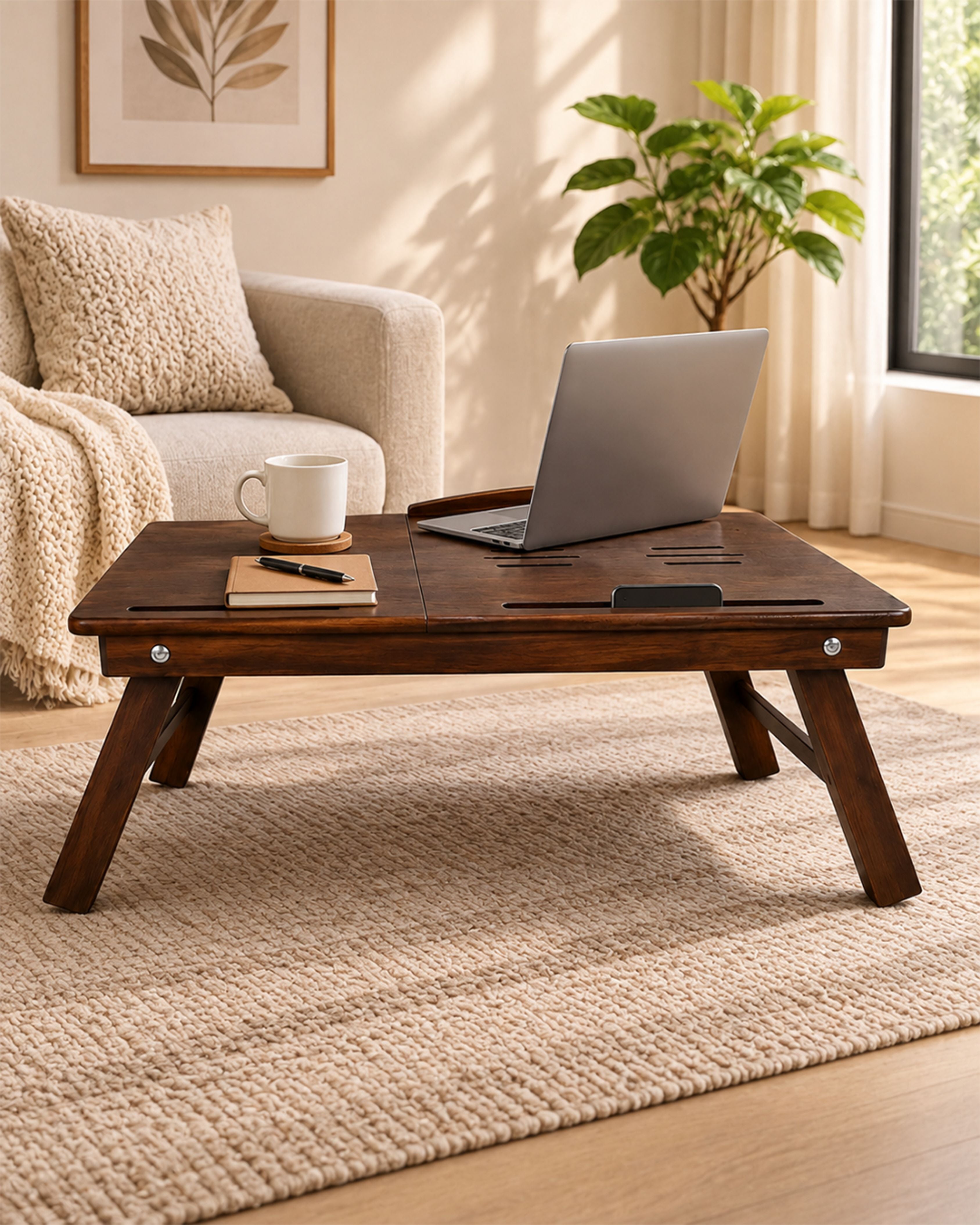 Premium Dark Wooden Laptop Table with Phone Holder