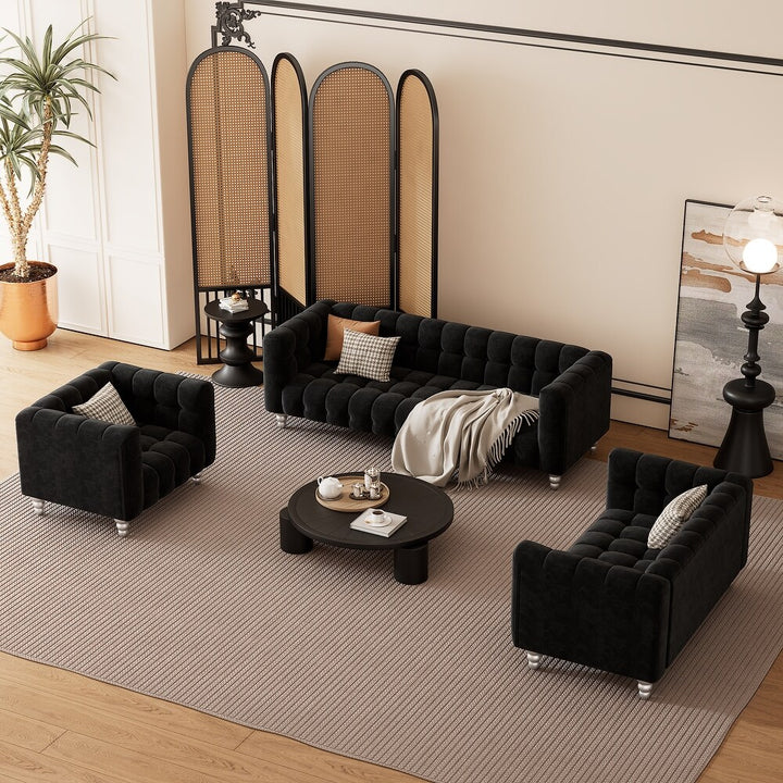 Black 3-Piece Button-tufted Sofa Set with 3-Seater
