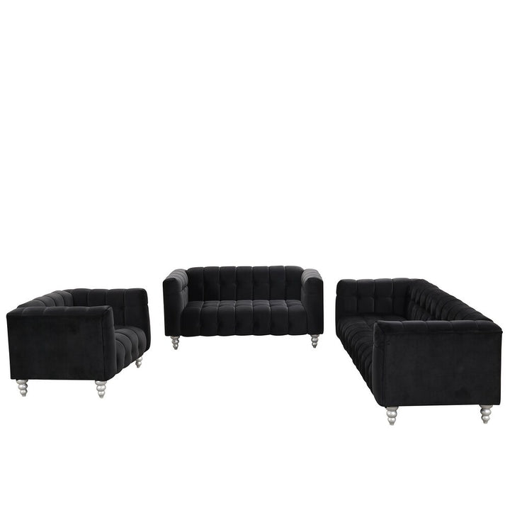 Black 3-Piece Button-tufted Sofa Set with 3-Seater