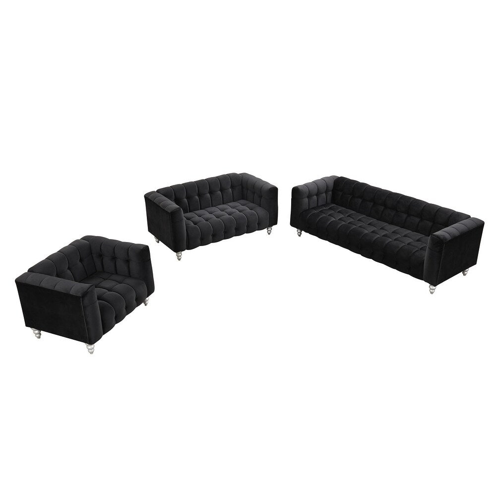 Black 3-Piece Button-tufted Sofa Set with 3-Seater