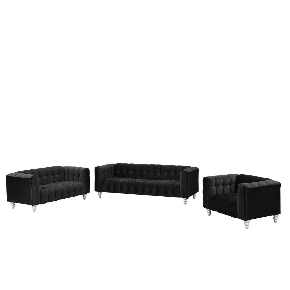 Black 3-Piece Button-tufted Sofa Set with 3-Seater