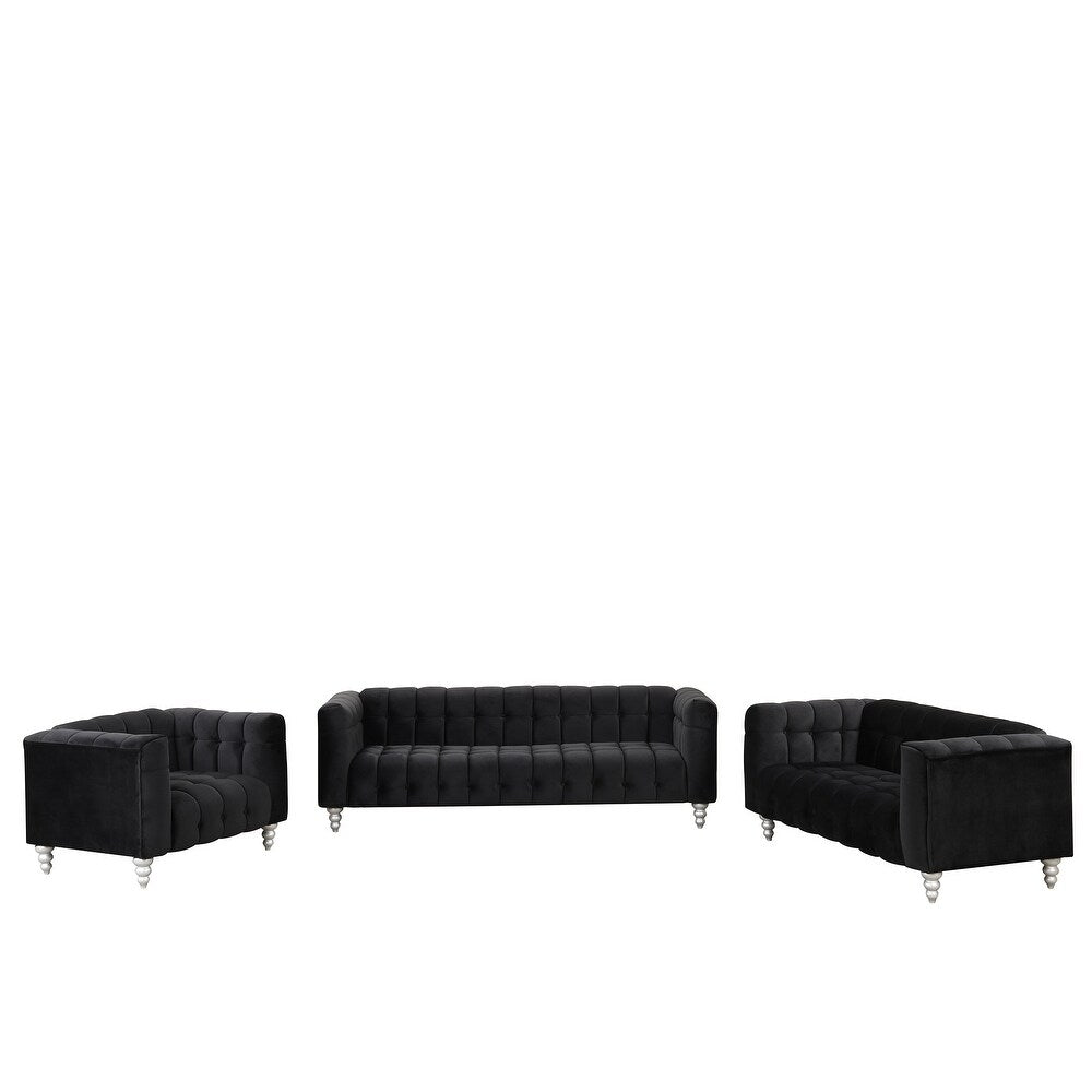 Black 3-Piece Button-tufted Sofa Set with 3-Seater