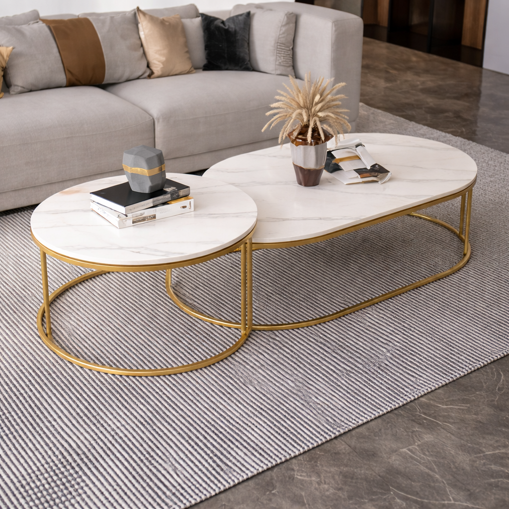 Steel and Marble Centre Table Gold and White - Set of 2