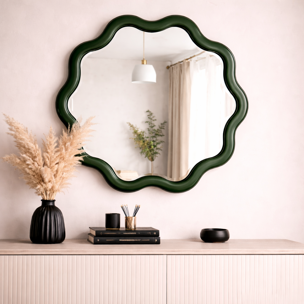 WavyScalloped Wood Wavy Wall Mirror, Green