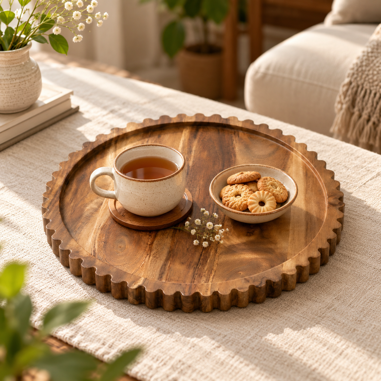 Scalloped Round Wooden Serving Tray