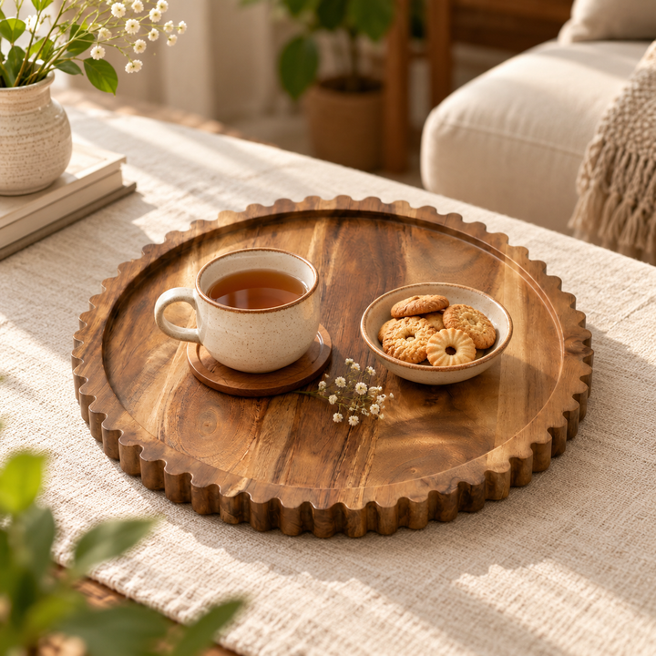 Scalloped Round Wooden Serving Tray