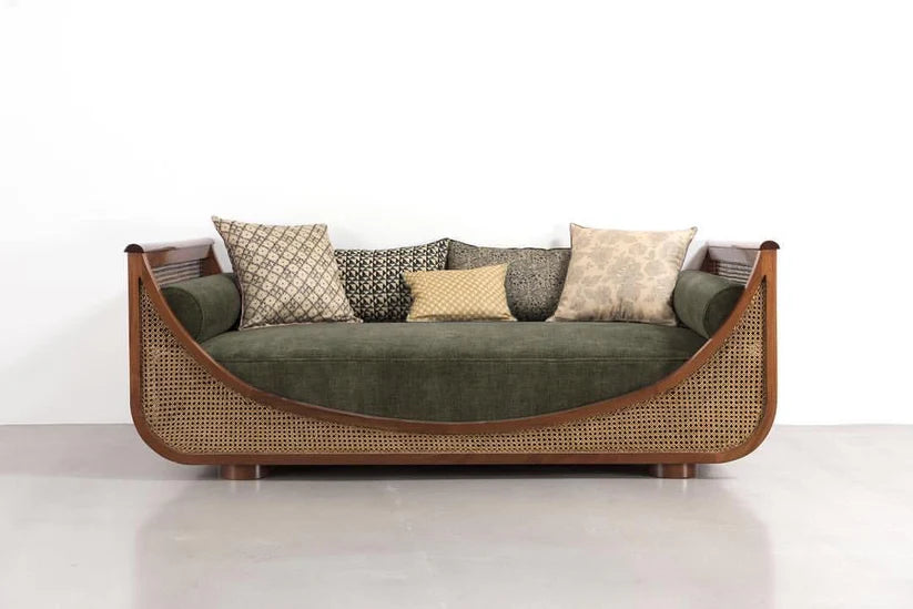 Luxury Handcrafted Teak Wood Cane Sofa with Olive Green Upholstery