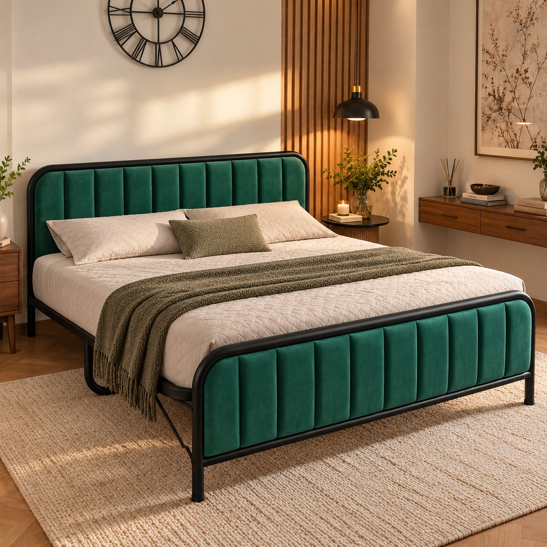 Emerald Luxe Upholstered Metal Bed with Premium Teal Velvet Finish