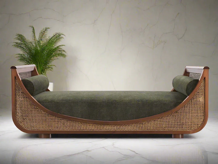 Luxury Handcrafted Teak Wood Cane Sofa with Olive Green Upholstery