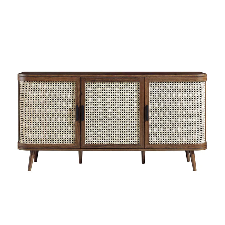 Curved Rattan Large 3-Door Walnut Sideboard,