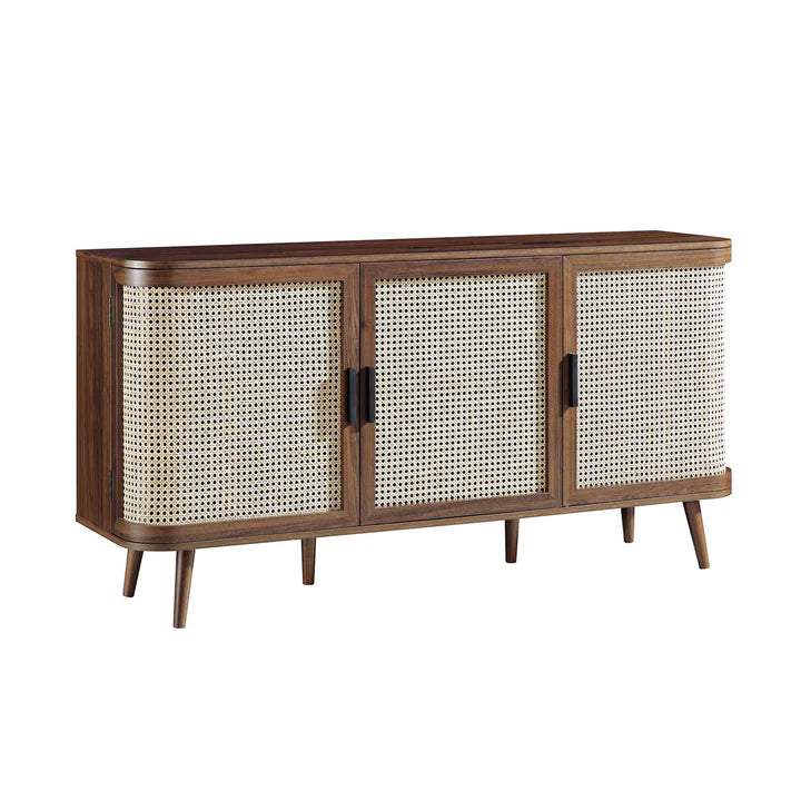 Curved Rattan Large 3-Door Walnut Sideboard,