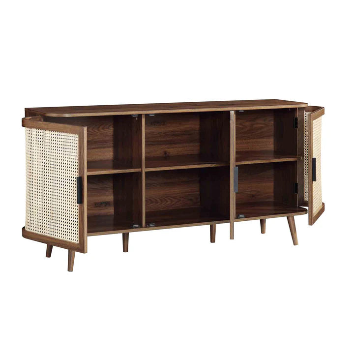 Curved Rattan Large 3-Door Walnut Sideboard,