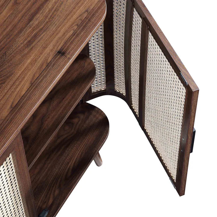 Curved Rattan Large 3-Door Walnut Sideboard,