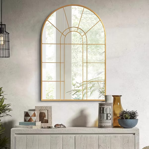Arched Metal Frame Wall Mirror in Gold