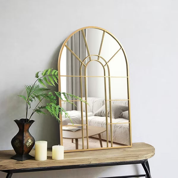 Arched Metal Frame Wall Mirror in Gold