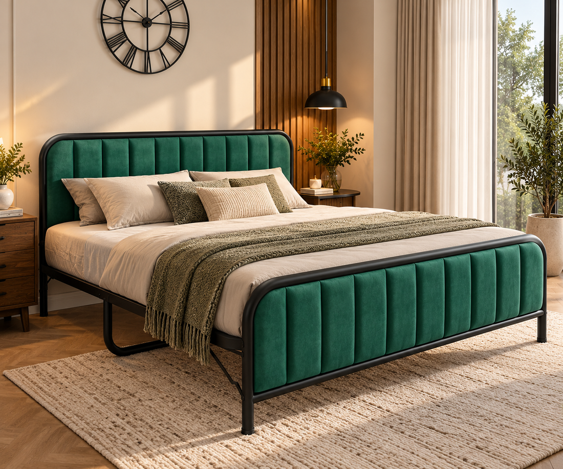 Emerald Luxe Upholstered Metal Bed with Premium Teal Velvet Finish