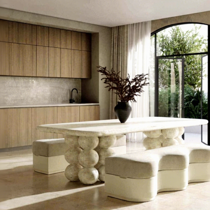Myra Beige Limestone Marble Dining Table